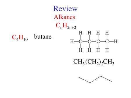 Review Alkanes CnH2n+2 C4H10 butane a) ethane b) propane c) butane