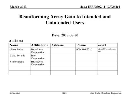 Beamforming Array Gain to Intended and Unintended Users