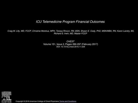 ICU Telemedicine Program Financial Outcomes