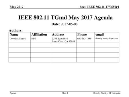 IEEE TGmd May 2017 Agenda Date: Authors: May 2017