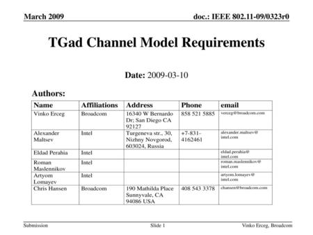 TGad Channel Model Requirements