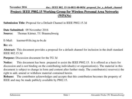 November 2016 Project: IEEE P802.15 Working Group for Wireless Personal Area Networks (WPANs) Submission Title: Proposal for a Default Channel in IEEE.