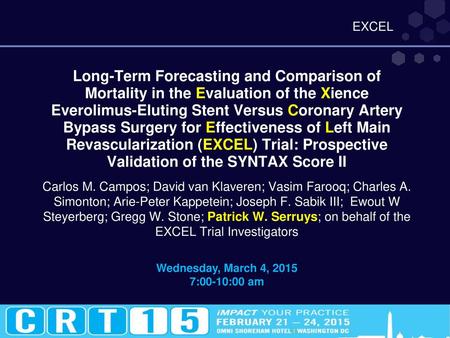 Long-Term Forecasting and Comparison of Mortality in the Evaluation of the Xience Everolimus-Eluting Stent Versus Coronary Artery Bypass Surgery for Effectiveness.