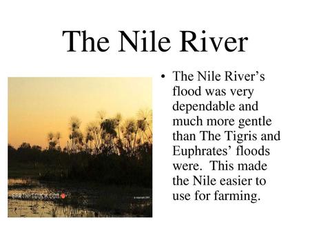 The Nile River The Nile River’s flood was very dependable and much more gentle than The Tigris and Euphrates’ floods were. This made the Nile easier to.