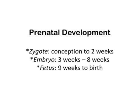 Prenatal Development. Zygote: conception to 2 weeks