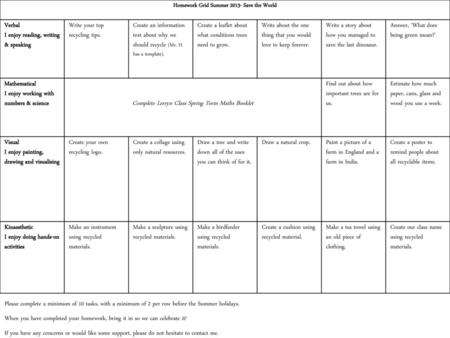 Homework Grid Summer Save the World