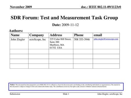 SDR Forum: Test and Measurement Task Group