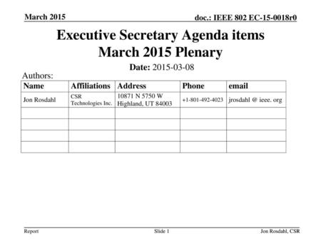 Executive Secretary Agenda items March 2015 Plenary