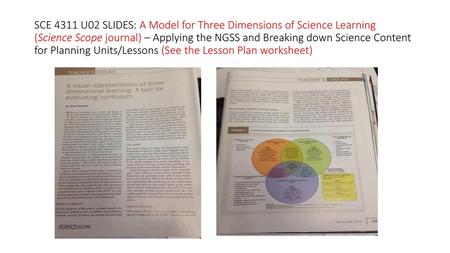 SCE 4311 U02 SLIDES: A Model for Three Dimensions of Science Learning (Science Scope journal) – Applying the NGSS and Breaking down Science Content for.