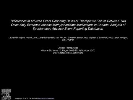 Differences in Adverse Event Reporting Rates of Therapeutic Failure Between Two Once-daily Extended-release Methylphenidate Medications in Canada: Analysis.