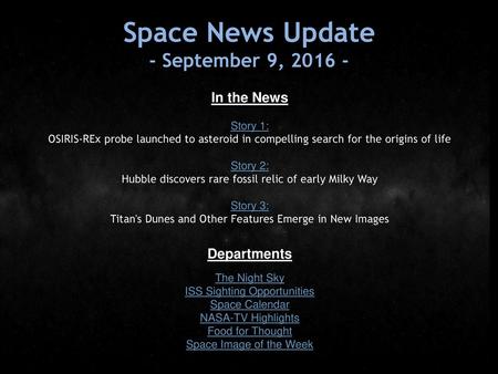 Space News Update - September 9, In the News Departments