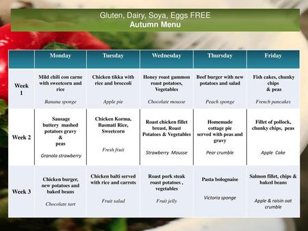 Gluten, Dairy, Soya, Eggs FREE Autumn Menu