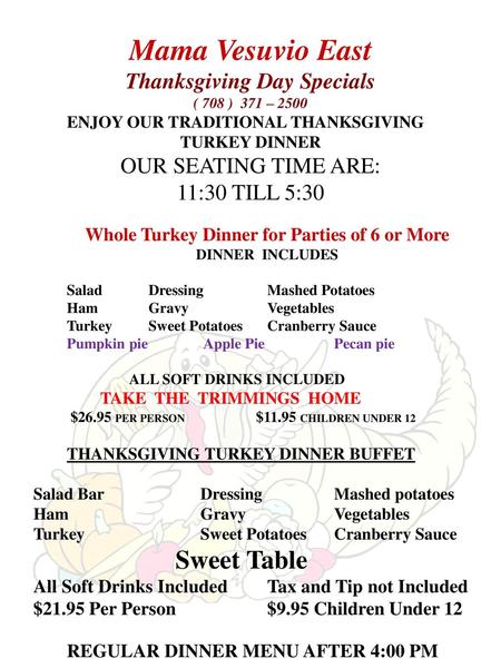 Thanksgiving Day Specials Whole Turkey Dinner for Parties of 6 or More