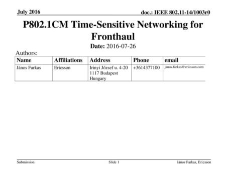 P802.1CM Time-Sensitive Networking for Fronthaul