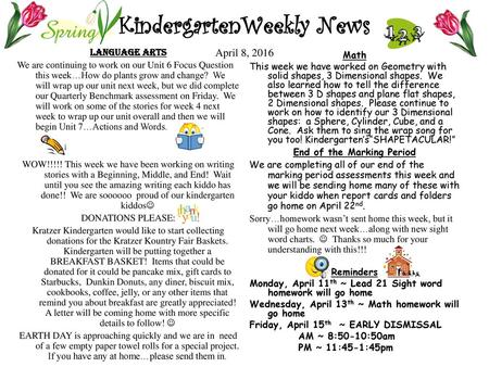 KindergartenWeekly News April 8, 2016