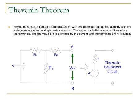 Thevenin Theorem Any combination of batteries and resistances with two terminals can be replaced by a single voltage source e and a single series resistor.