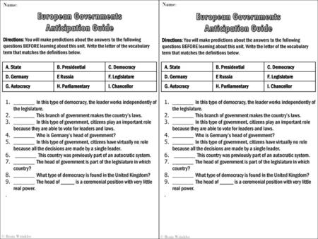 European Governments European Governments Anticipation Guide