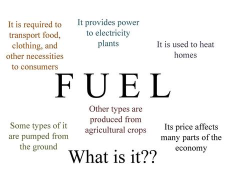 F U E L What is it?? It provides power to electricity plants