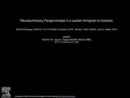 Pleuropulmonary Paragonimiasis in a Laotian Immigrant to Australia