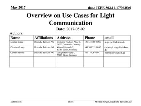 Overview on Use Cases for Light Communication