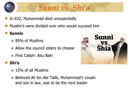 Sunni vs. Shi'a In 632, Muhammad died unexpectedly