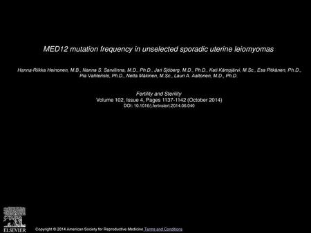 MED12 mutation frequency in unselected sporadic uterine leiomyomas