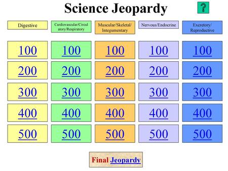 Science Jeopardy Digestive Cardiovascular/Circulatory/Respiratory