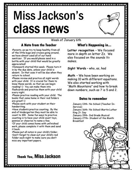 class news Miss Jackson’s A Note from the Teacher