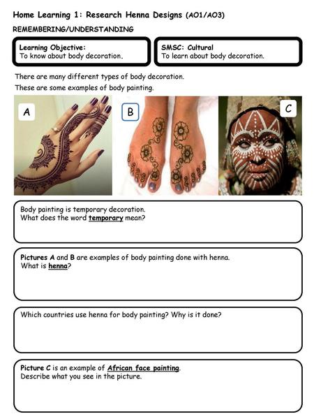 C A B Home Learning 1: Research Henna Designs (AO1/AO3)