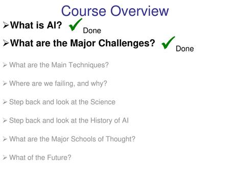 Done Done Course Overview What is AI? What are the Major Challenges?