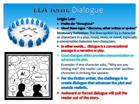 ELA Term: Dialogue Origin: Latin Prefix: dia- “throughout”