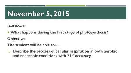 November 5, 2015 Bell Work: What happens during the first stage of photosynthesis? Objective: The student will be able to… Describe the process of cellular.