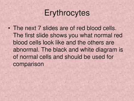 Erythrocytes The next 7 slides are of red blood cells. The first slide shows you what normal red blood cells look like and the others are abnormal. The.