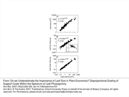 Fig. 2. Leaf area (A), dry (B) and fresh mass (C) in relation to leaf volume in all studied species. The inset in (B) demonstrates the correlation between.