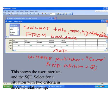 This shows the user interface and the SQL Select for a situation with two criteria in an AND relationship.