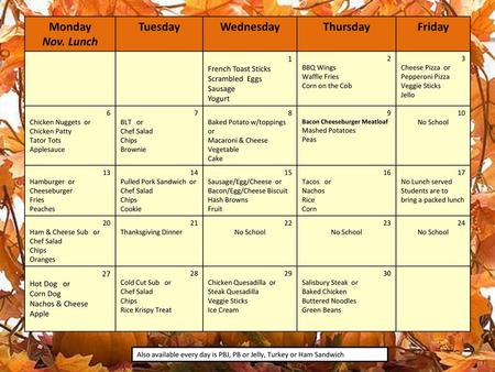 Monday Nov. Lunch Tuesday Wednesday Thursday Friday