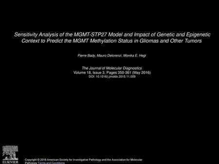 Sensitivity Analysis of the MGMT-STP27 Model and Impact of Genetic and Epigenetic Context to Predict the MGMT Methylation Status in Gliomas and Other.