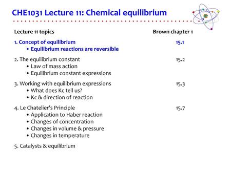 CHE1031 Lecture 11: Chemical equilibrium