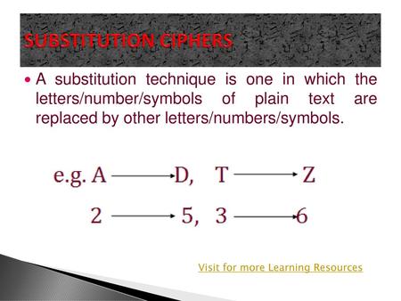 SUBSTITUTION CIPHERS A substitution technique is one in which the letters/number/symbols of plain text are replaced by other letters/numbers/symbols.