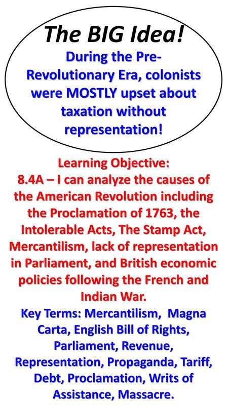 The BIG Idea! During the Pre-Revolutionary Era, colonists were MOSTLY upset about taxation without representation! Learning Objective: 8.4A – I can analyze.