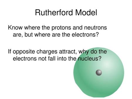 Rutherford Model Know where the protons and neutrons are, but where are the electrons? If opposite charges attract, why do the electrons not fall into.