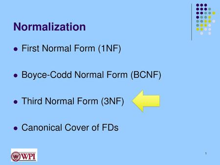 Normalization First Normal Form (1NF) Boyce-Codd Normal Form (BCNF)