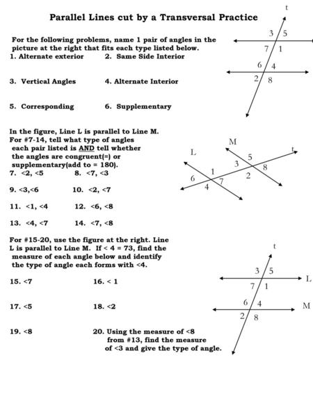 Parallel Lines cut by a Transversal Practice