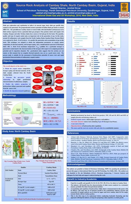 Source Rock Analysis of Cambay Shale, North Cambay Basin, Gujarat, India Vaishali Sharma , Anirbid Sircar School of Petroleum Technology, Pandit Deendayal.