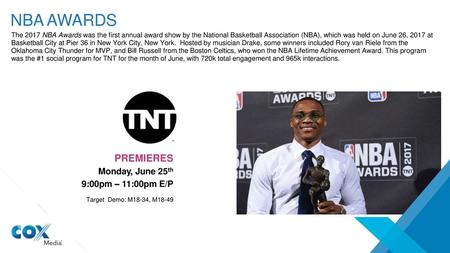 NBA awards Premieres Monday, June 25th 9:00pm – 11:00pm E/P