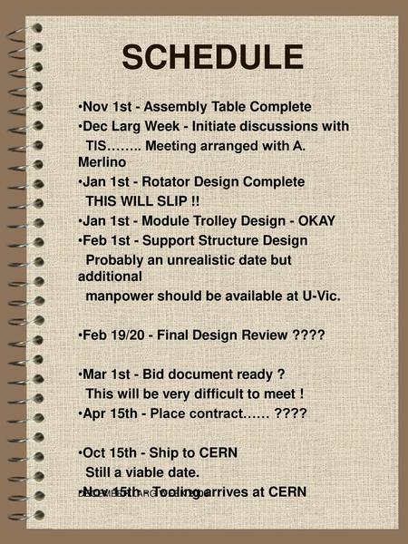 SCHEDULE Nov 1st - Assembly Table Complete