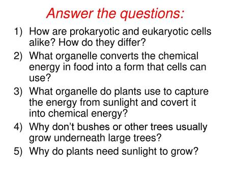 Answer the questions: How are prokaryotic and eukaryotic cells alike? How do they differ? What organelle converts the chemical energy in food into a form.