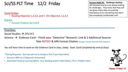 Sci/SS PLT Time 12/2 Friday