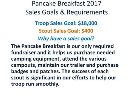 Pancake Breakfast 2017 Sales Goals & Requirements