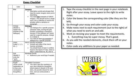 Tape the essay checklist in the next page in your notebook